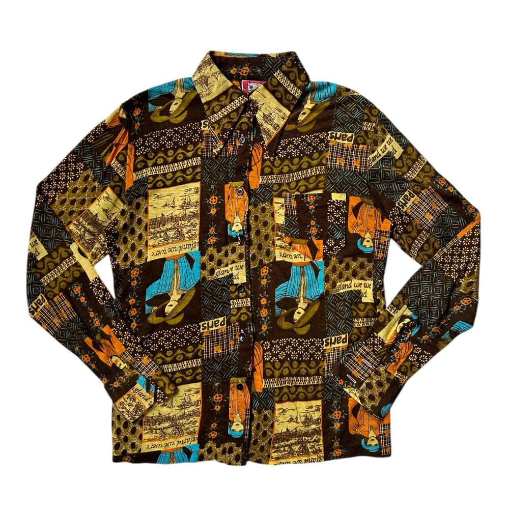 70s Vintage Novelty Print Collage Blouse Pointed Dagger Collar Women Patchwork.
